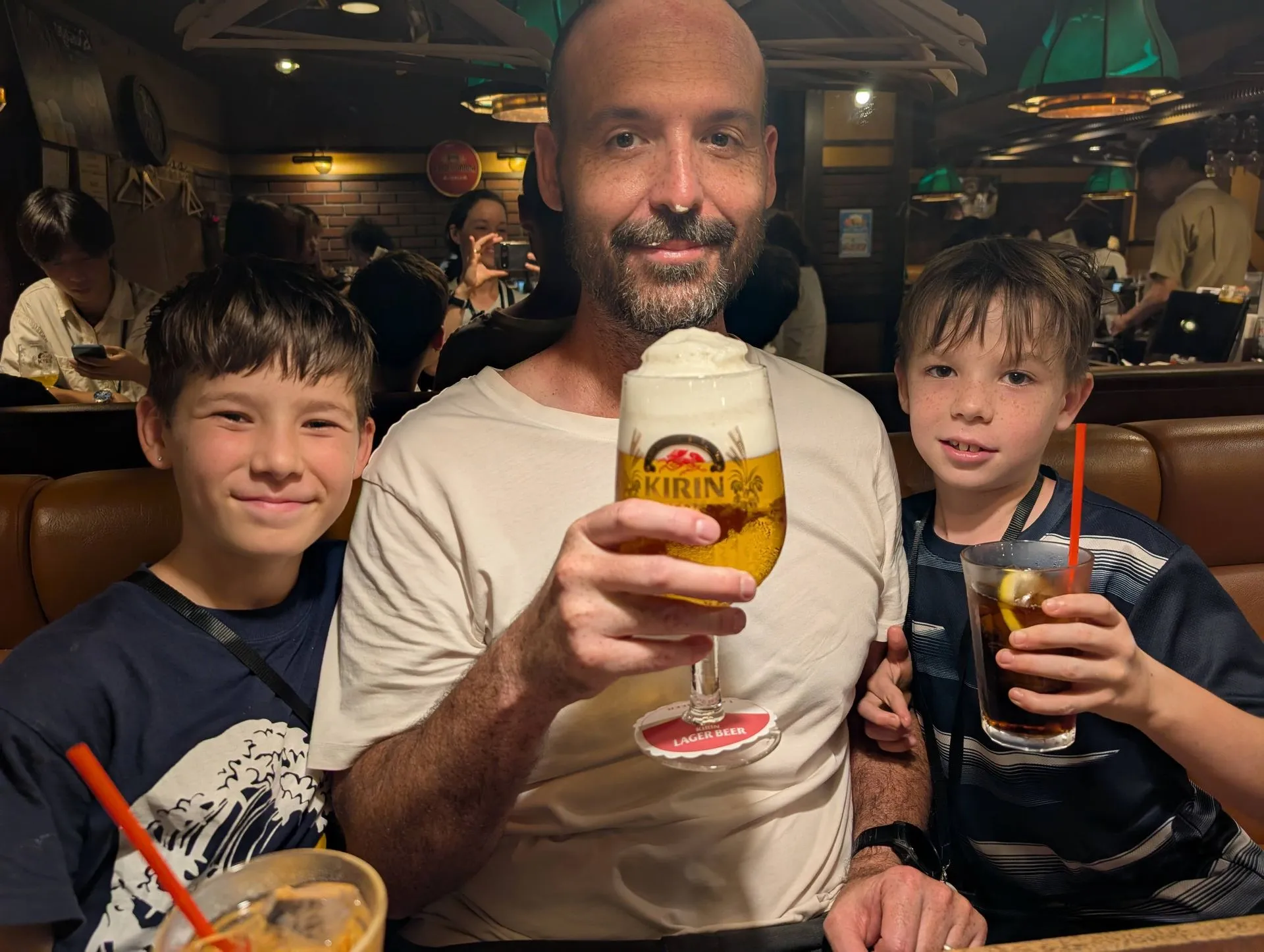 A frosted glass of Kirin beer at a family-friendly pub in Gion, Kyoto