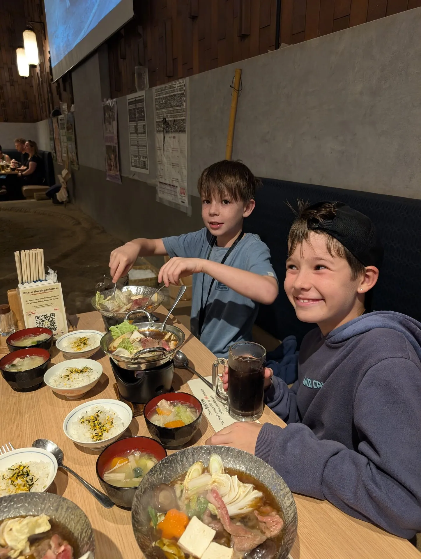 The boys at a chanko nabe hotpot restaurant in Koto, Tokyo