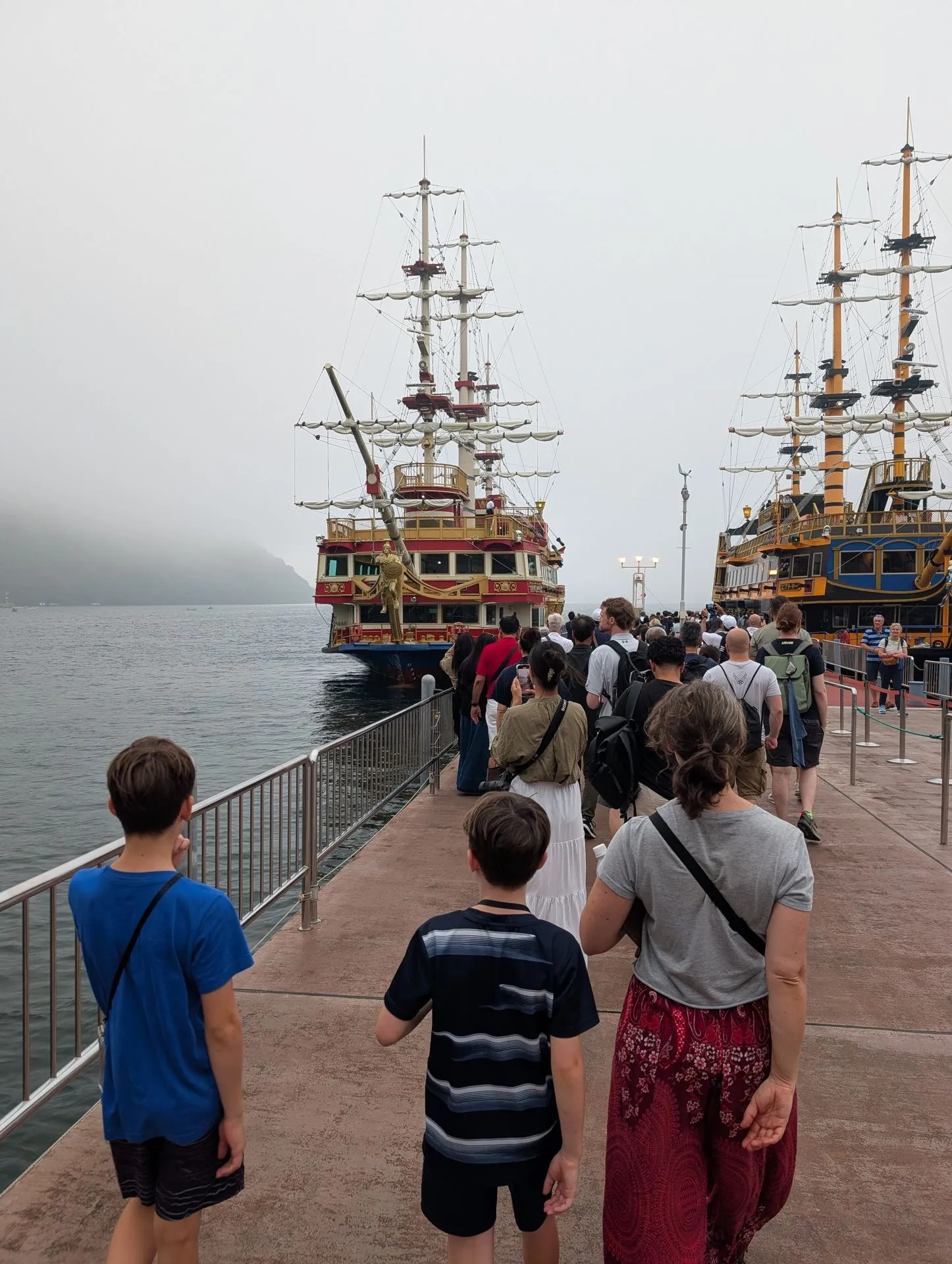 The Hakone Lake Ashi pirate ship at the boarding pier ready to depart