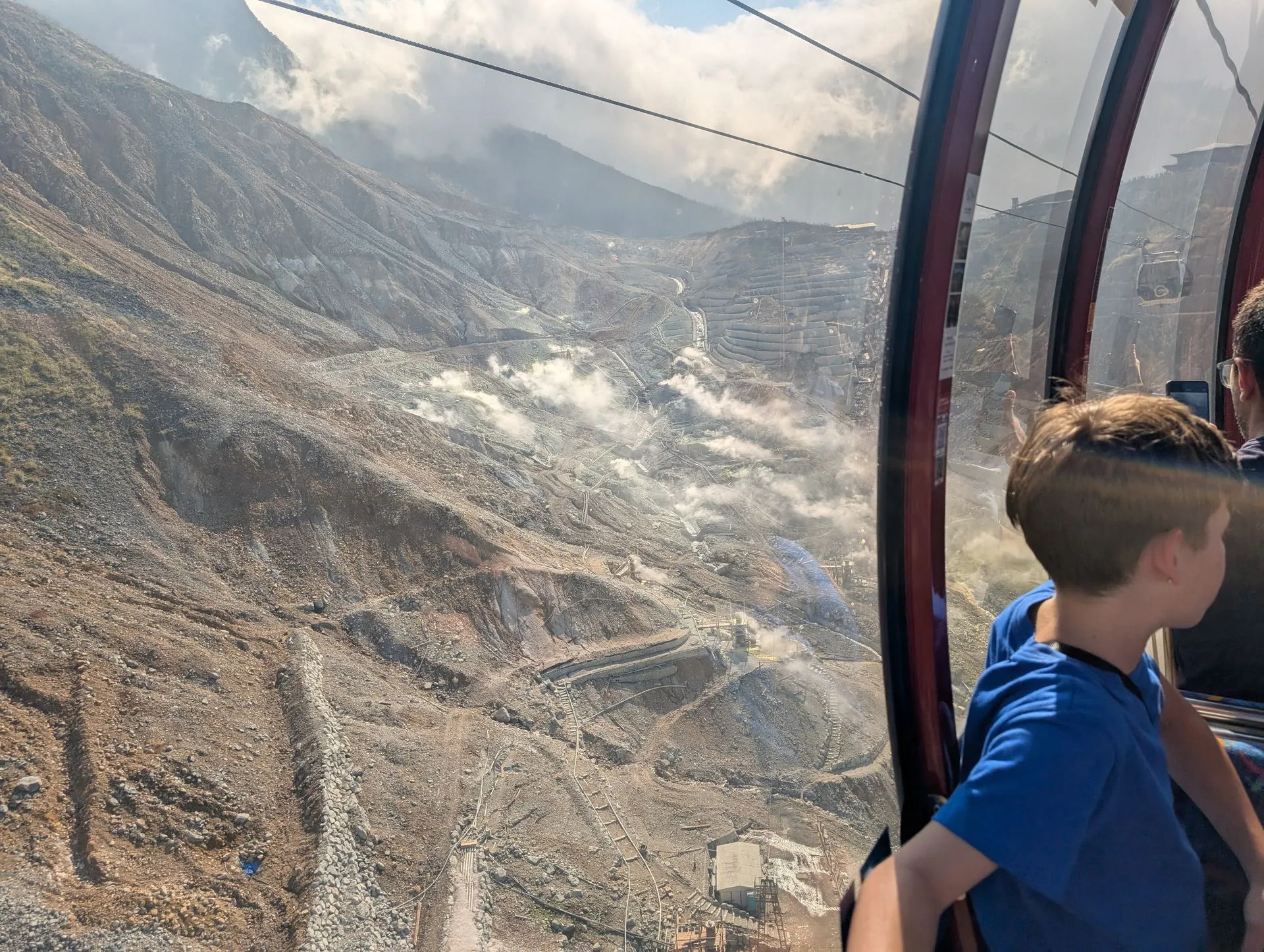 Owakudani volcanic valley seen from the Hakone Ropeway with steam vents visible