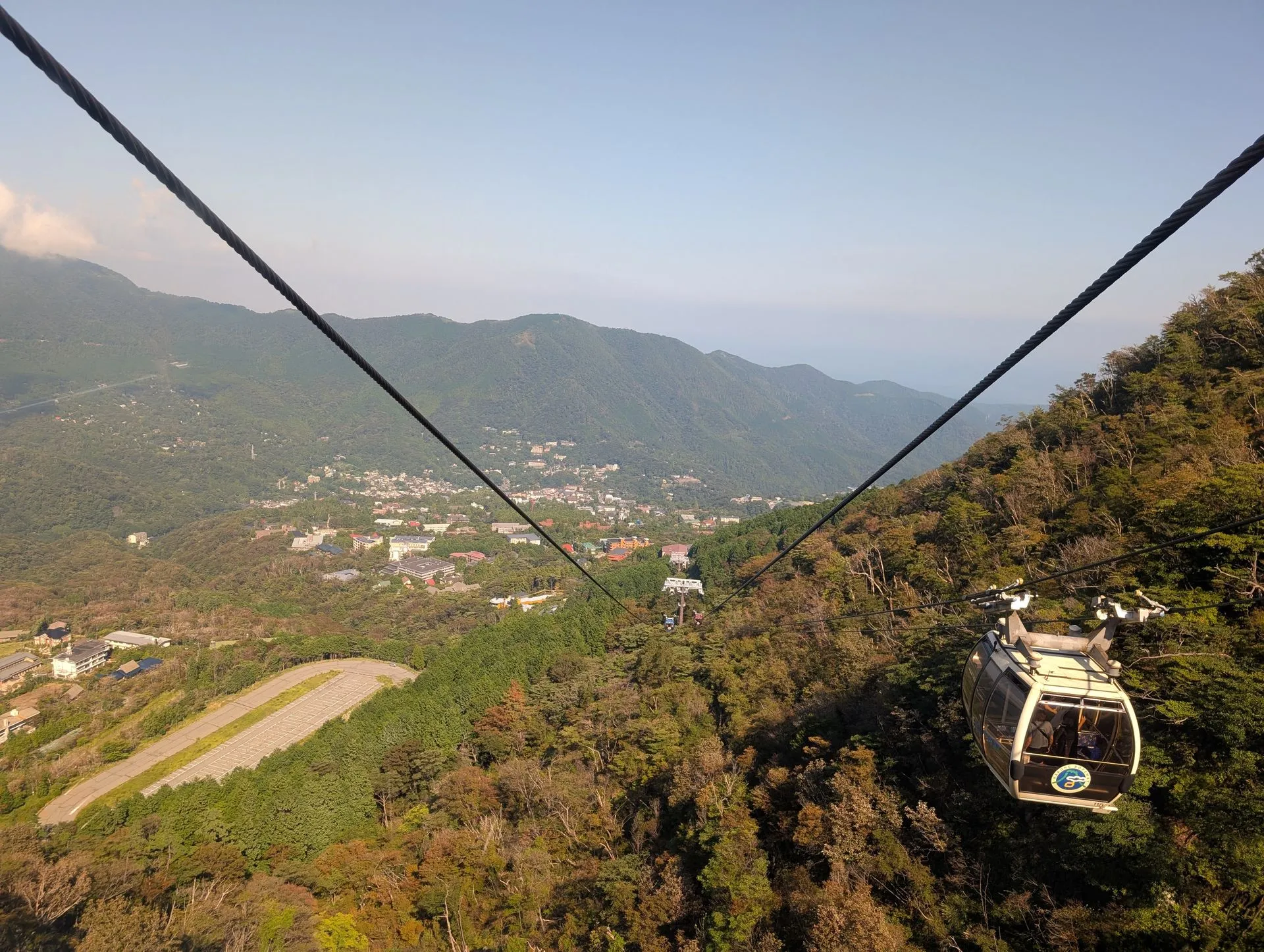 A Hakone Ropeway gondola crossing the volcanic valley with mountain views