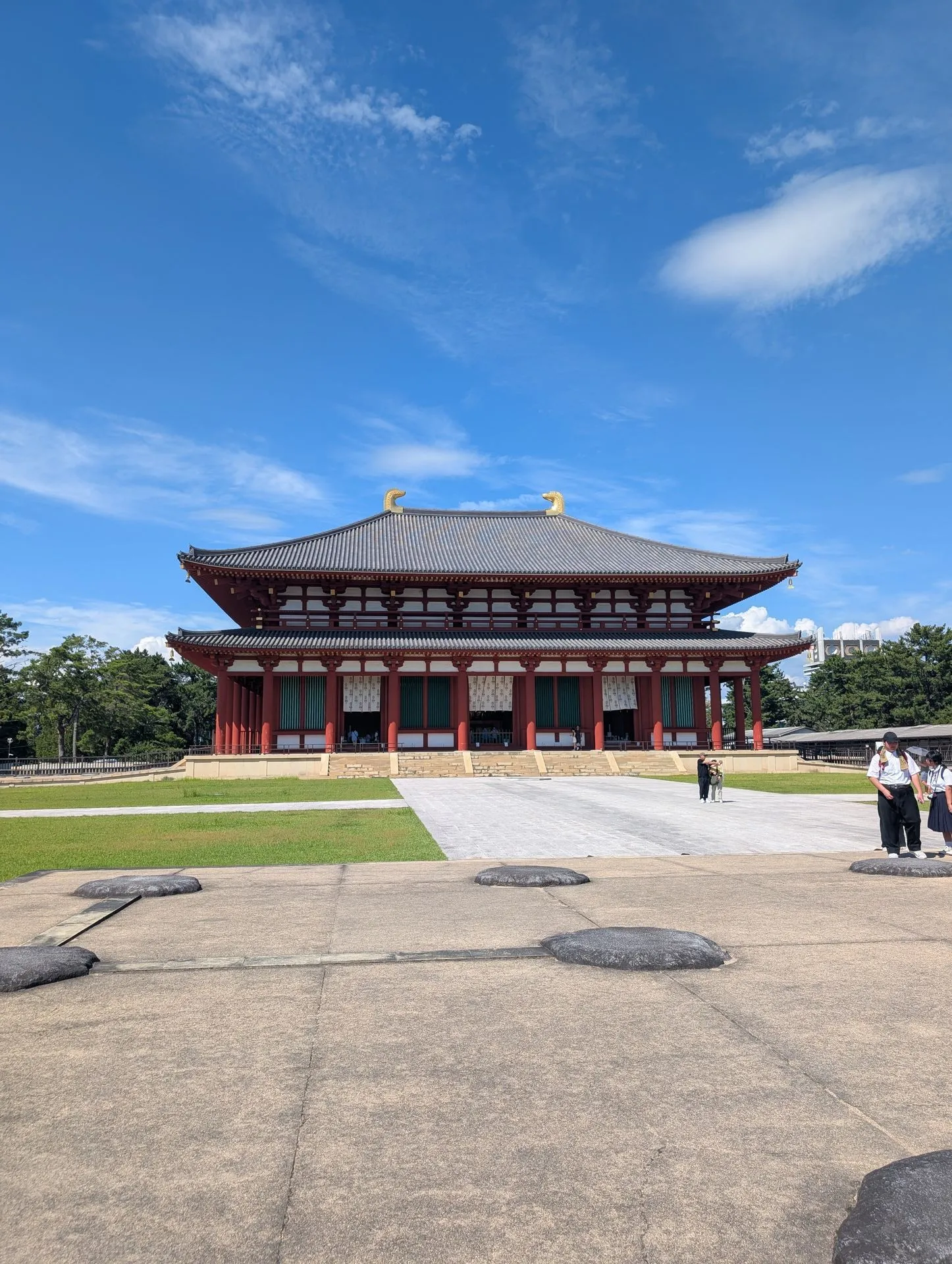 The red-pillared Kofukuji Chukondo Central Golden Hall standing under a vivid blue sky