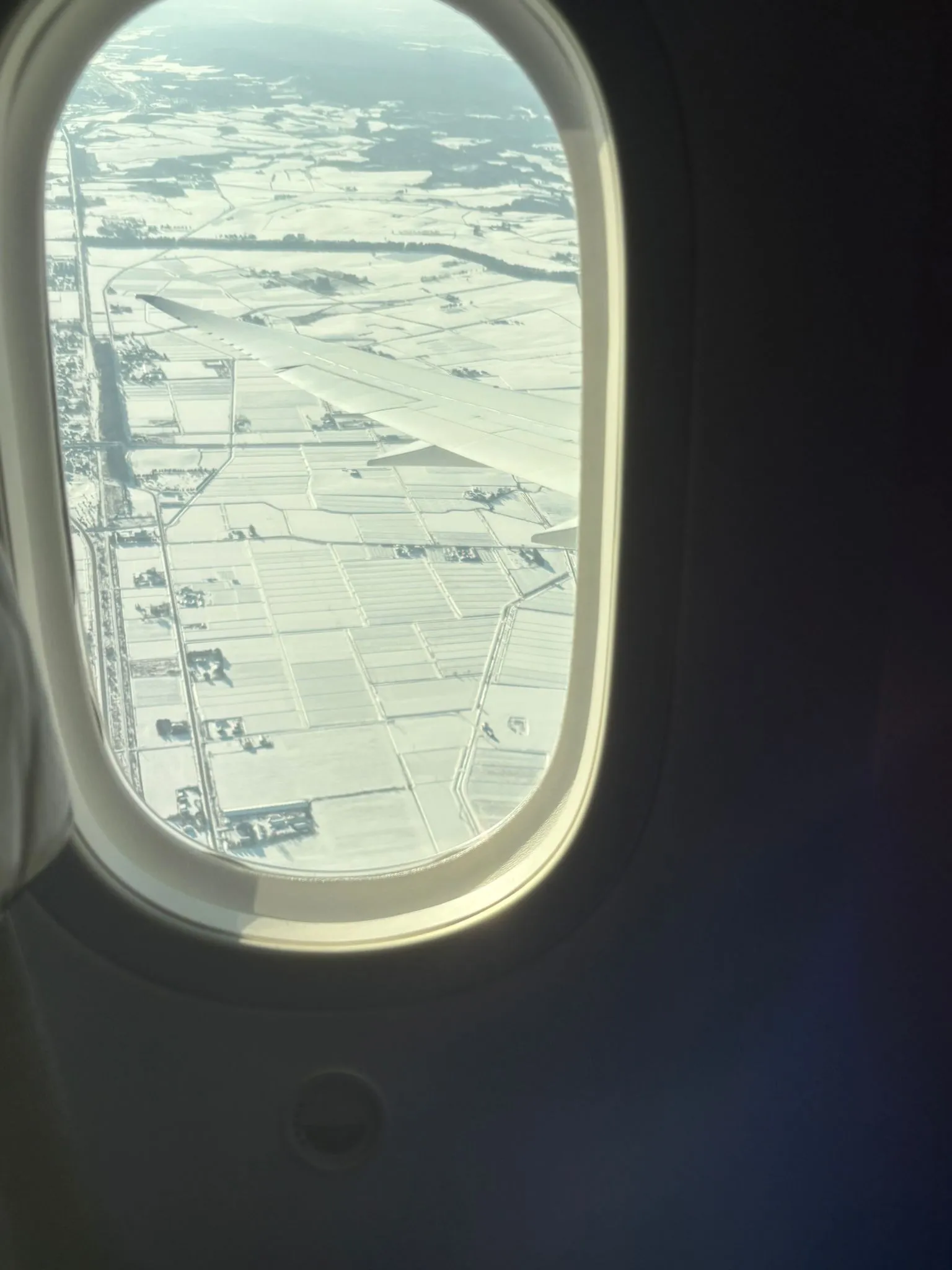 View from an aeroplane window of snow-covered Hokkaido farmland and fields on the approach into New Chitose