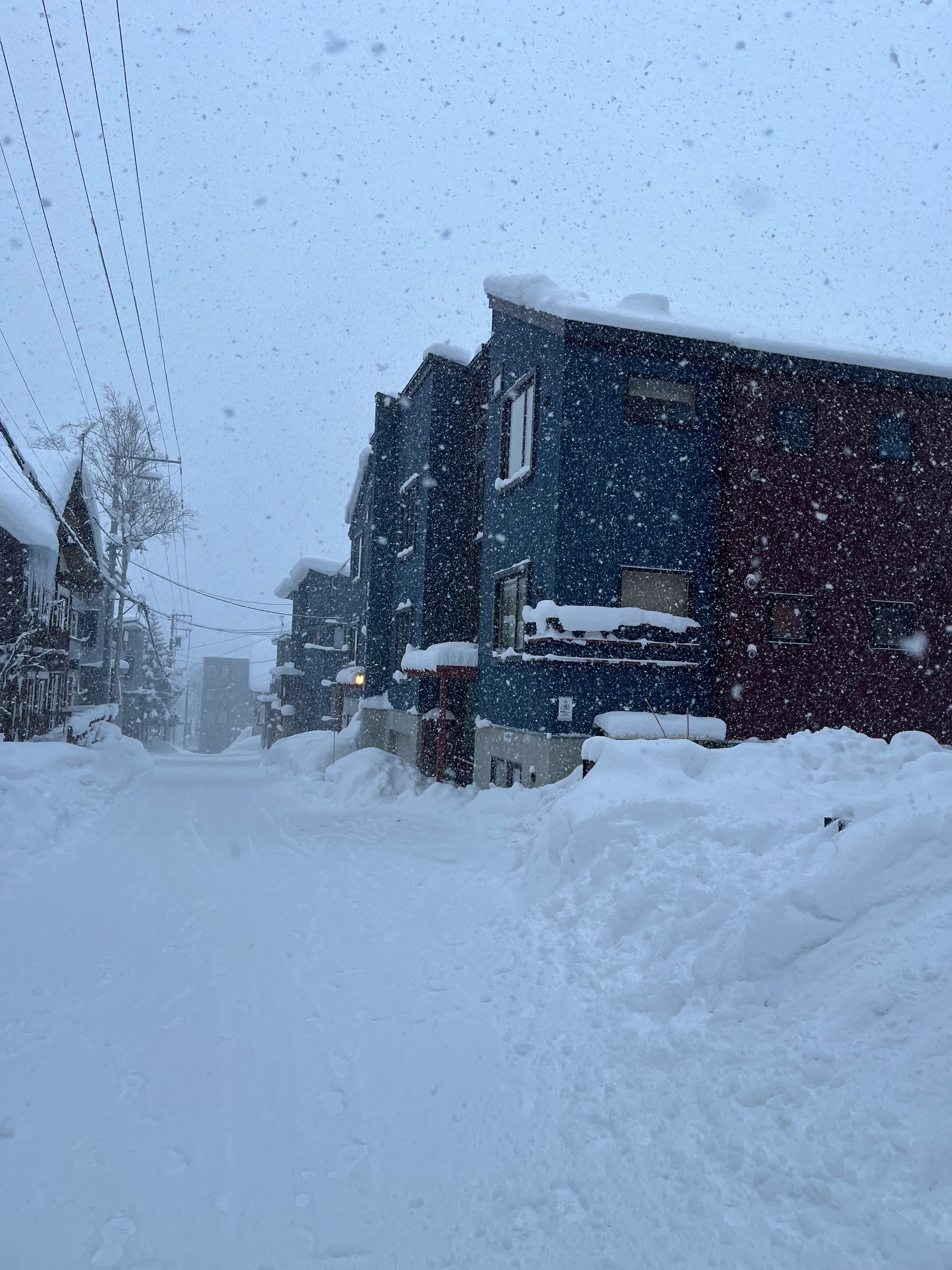 Snow-buried village buildings in Niseko Hirafu during heavy snowfall
