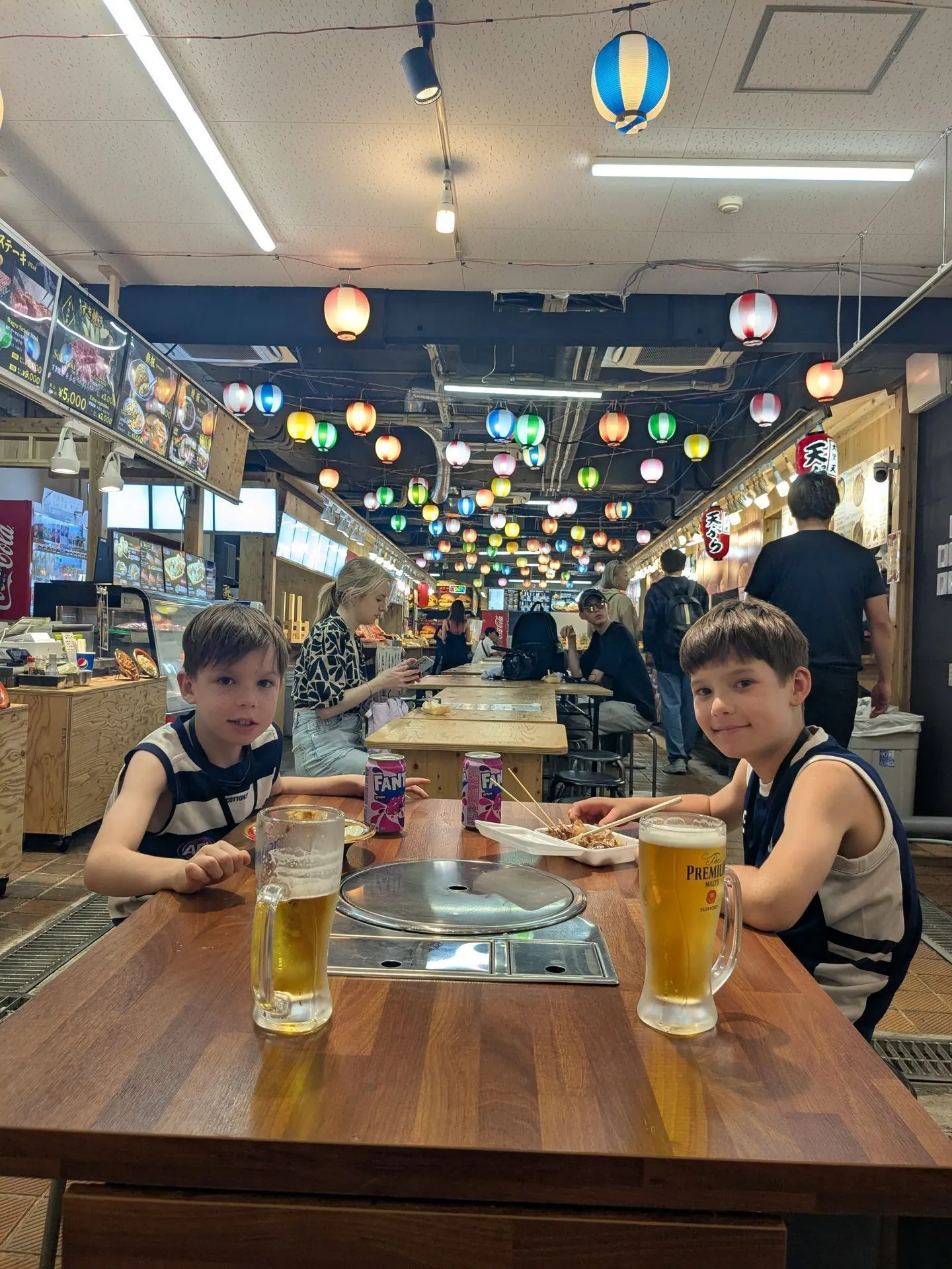 Namba food hall interior with traditional paper lanterns hanging from the ceiling