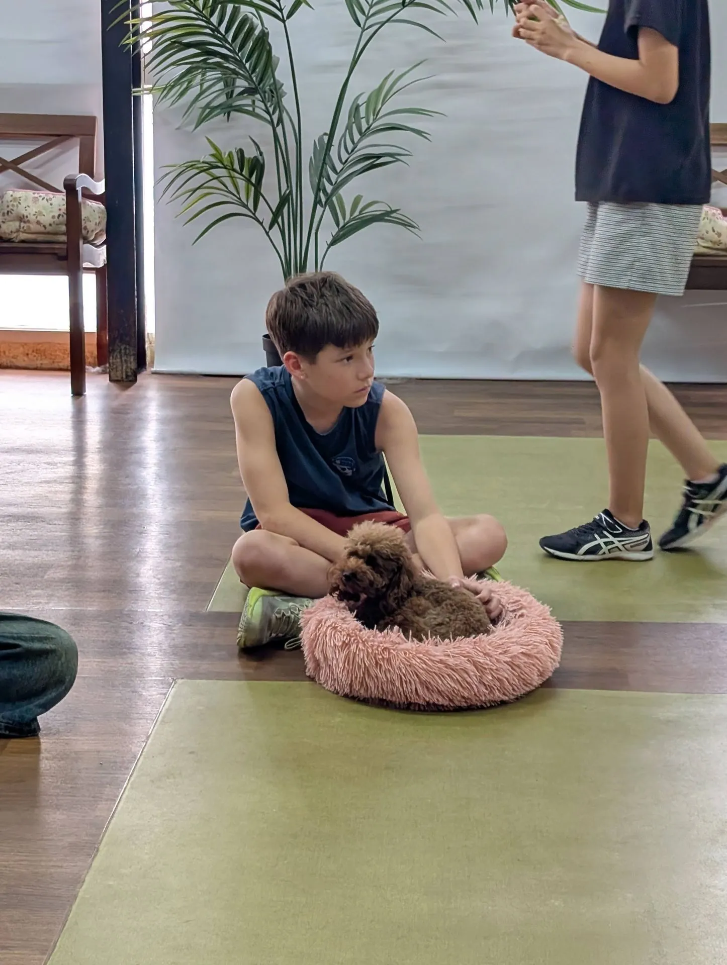 Child holding a puppy at the Tempozan animal cafe in Osaka