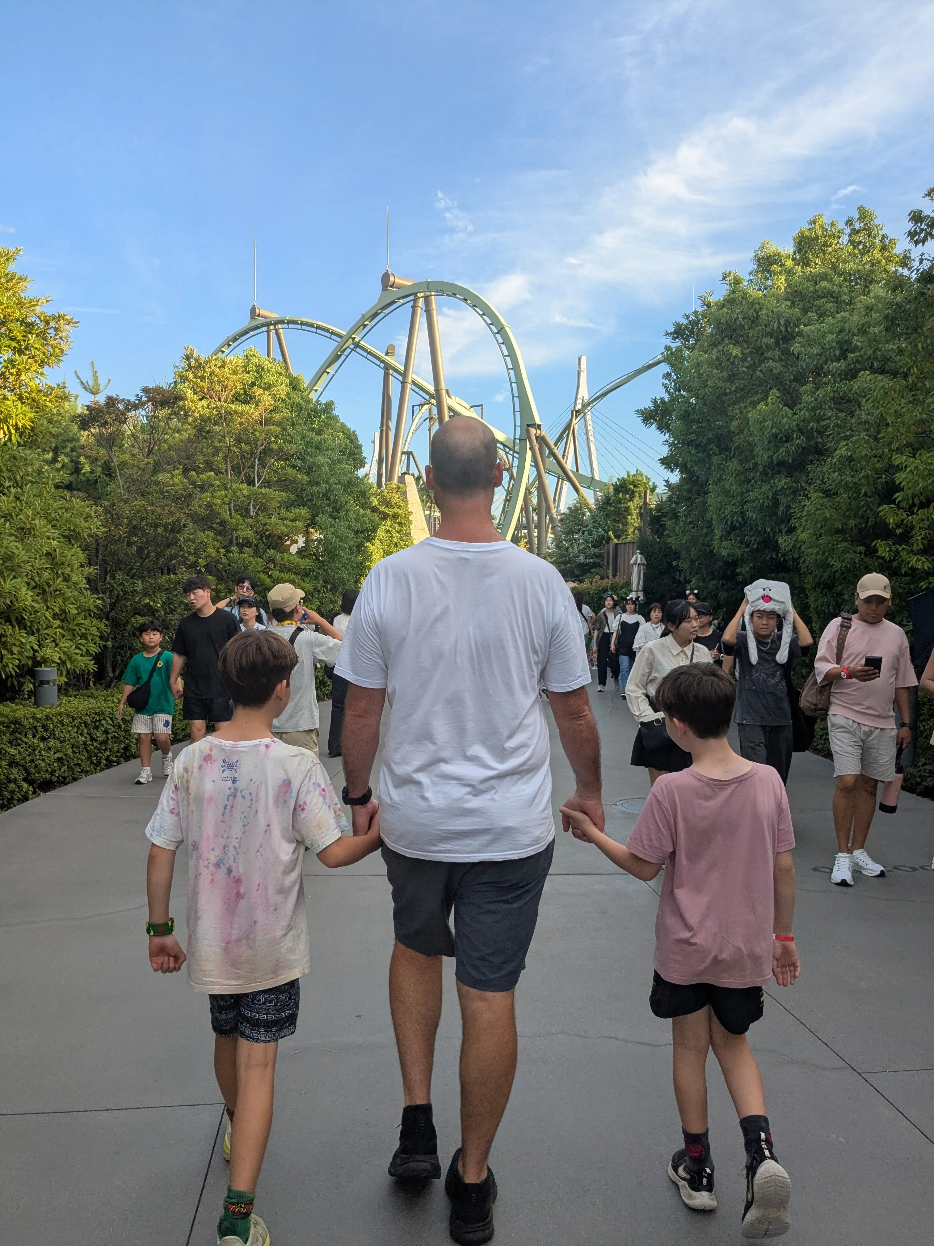 Walking past a rollercoaster at Universal Studios Japan